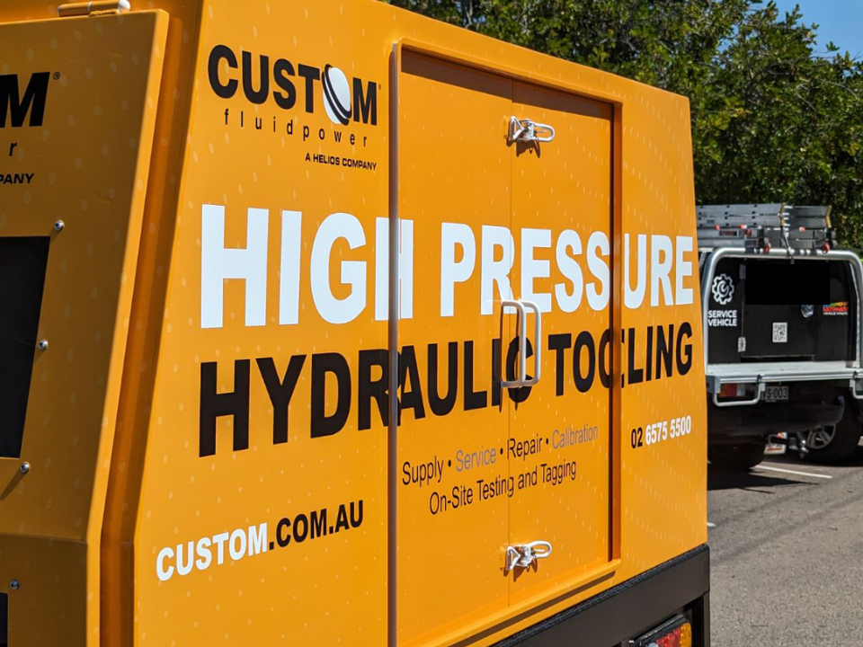 Custom Fluidpower hydraulic tool testing trailer close up